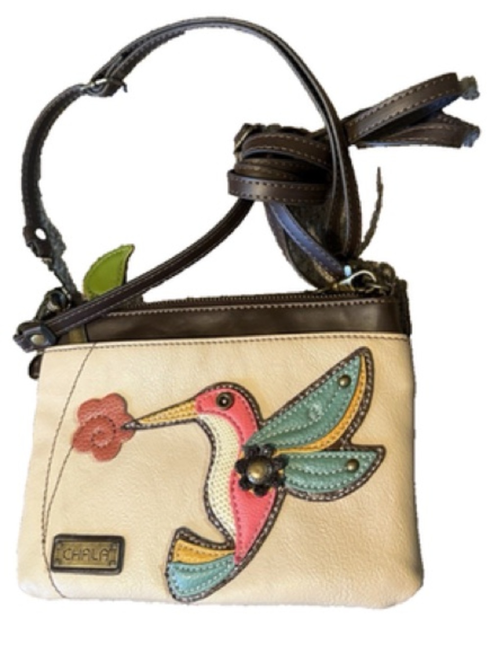 Chala Cream Crossbody with Colorful Hummingbird Applique and Dark Brown Trim